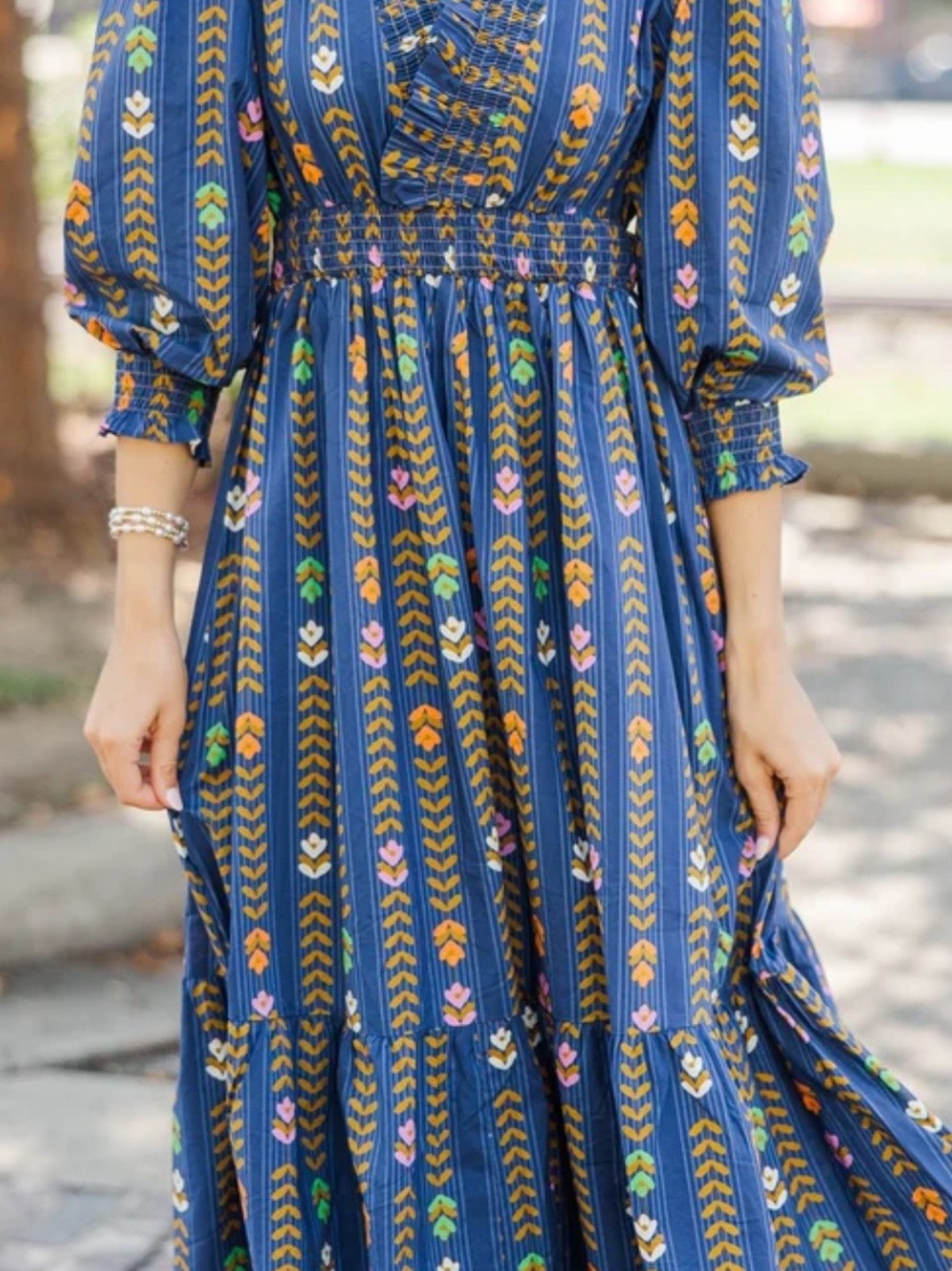 Umgee Navy Floral Midi Dress with Smocked Waist